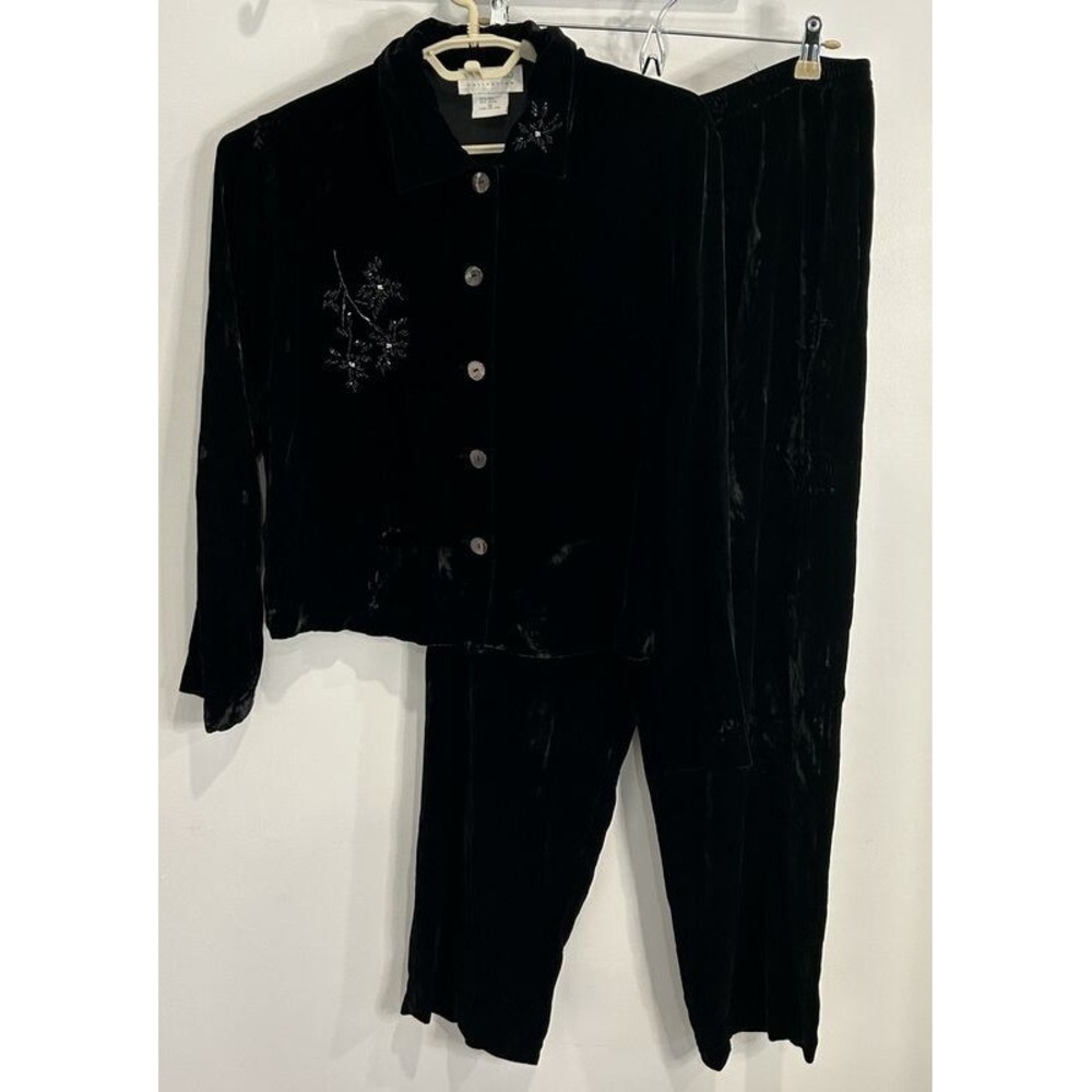 Silk Club Collection Black Velvet Pants Beaded Button Long Sleeve Shirt M 10